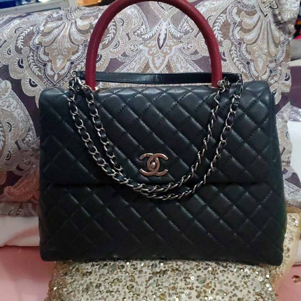 COCO Quilted Caviar and Burgundy Lizard Handle